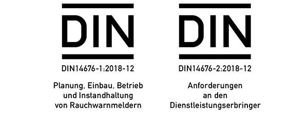 Logo DIN14676-1 mit Überschrift "Planung, Einbau, Betrieb und Instandhaltung von Rauchwarnmeldern" und Logo der DIN14676-2 mit Überschrift "Anforderungen an den Dienstleistungserbringer"